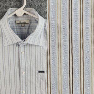 Faconnable Button Up Long Sleeve Striped Blue Large Shirt Cotton Men Woven